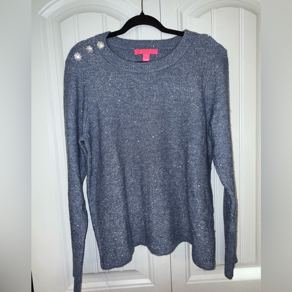 Lily Light blue Knit Sweater with Button bling button detail